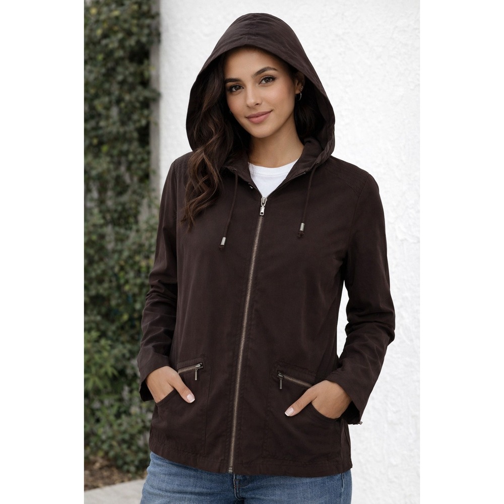 Chico's Brown Hooded Zip Up Jacket Lightweight Utility Size 1 M Brown‎